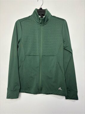 Adidas Full-Zip Green Athletic Jacket Golf Small Textured Sweatshirt Thumb Holes